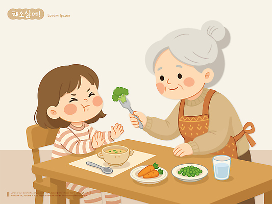 노년 할머니 어린이 음식 채소 일러스트 가족 탁자 반찬 건강 웃음 식사 브로콜리 거절 영양 싫은 편식 국내일러스트 AI파일 여자 가구 컨셉 관계 표정 사람 성인 식생활 파일형식 벡터 생활용품 오브젝트