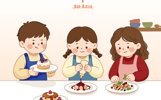 어린이 일러스트 수업 디저트 함께함 요리 친구 케이크 요리사 소스 맛 즐거움 만들기 클래스 국내일러스트 AI파일 직업 교육 감정 음식 컨셉 관계 모션 사람 양념 파일형식 벡터