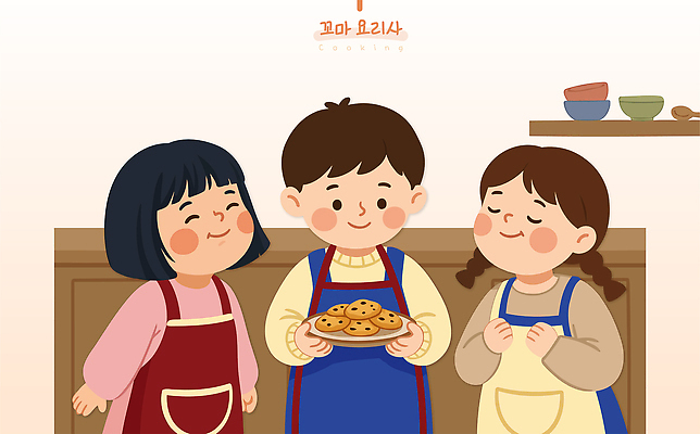 접시 어린이 일러스트 함께함 요리 웃음 친구 쿠키 주방 즐거움 만들기 초코쿠키 국내일러스트 AI파일 식기 감정 컨셉 관계 모션 디저트 표정 사람 파일형식 벡터 음식
