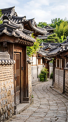 JPG 나무 편집이미지 전통 여행 거리 한옥 한국 기와 풍경 마을 풀 한옥마을 돌길 편집실사 AI포토 AI콘텐츠 식물 한국전통 아시아 길 고건축 CG 파일형식 건축물 나라 건축