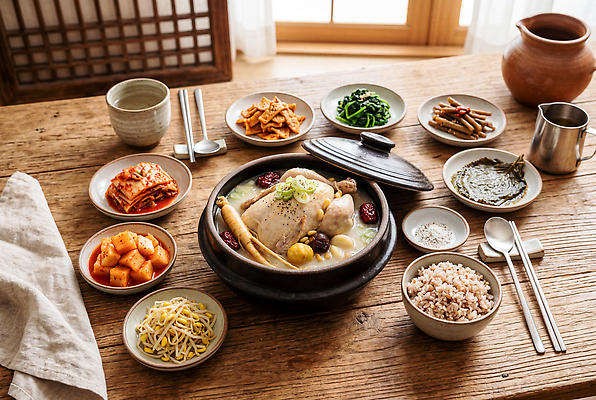 JPG 편집이미지 한식 음식 채소 식탁 밥 반찬 한국 육류 식사 전통음식 삼계탕 나무탁자 편집실사 AI포토 AI콘텐츠 전통 아시아 식재료 탁자 CG 보양식 파일형식 나라 가구 몸보신 생활용품 보신 오브젝트