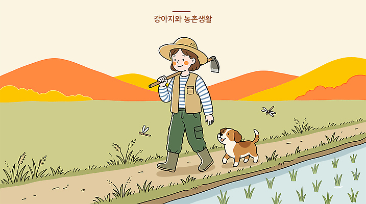 모자 길 농업 일러스트 자연 하늘 사람 풍경 일상 걷기 농사 산책 도구 농촌 시골 강아지 논밭 국내일러스트 AI파일 잡화 산업 밭 모션 휴식 논 라이프 반려동물 개 생태계 파일형식 벡터 동물 컨셉 포유류 생활