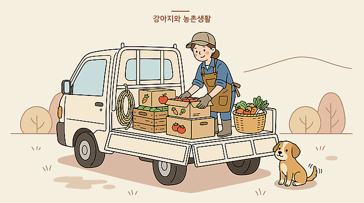 나무 동물 농업 채소 일러스트 자연 사람 농작물 농장 바구니 트럭 수확 농촌 작업 강아지 농부 국내일러스트 AI파일 식물 직업 산업 자동차 반려동물 시골 개 생태계 파일형식 벡터 육상교통 포유류 교통수단 교통