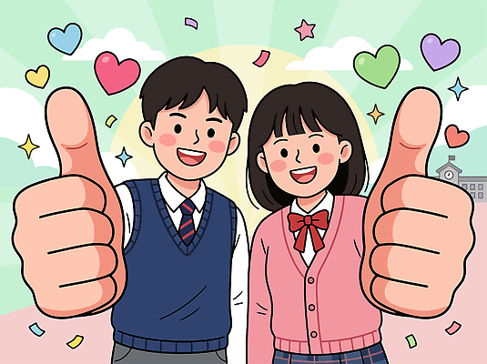 학생 교복 일러스트 손가락 학교 응원 청소년 표정 웃음 친구 파이팅 수능 하트 즐거움 준비 수험생 따봉 수능대비 국내일러스트 AI파일 모양 손 옷 교육 감정 관계 모션 고등학생 사람 시험 최고 파일형식 벡터 신체부위
