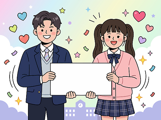 학생 여학생 남학생 일러스트 학교 청소년 웃음 들기 친구 파이팅 팻말 수능 하트 축하 준비 수험생 수능대비 국내일러스트 AI파일 모양 여자 교육 남자 컨셉 관계 모션 고등학생 프레임 표정 사람 시험 파일형식 벡터