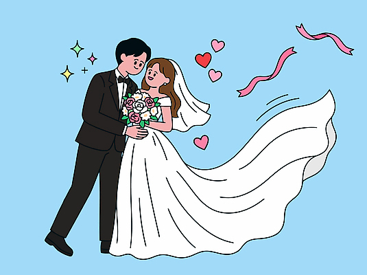 드레스 여자 남자 행복 리본 꽃다발 부케 웨딩드레스 포즈 신랑 결혼 일러스트 결혼식 사랑 턱시도 하트 축하 국내일러스트 AI파일 모양 옷 꽃 감정 컨셉 사람 정장 이벤트 파일형식 벡터 식물