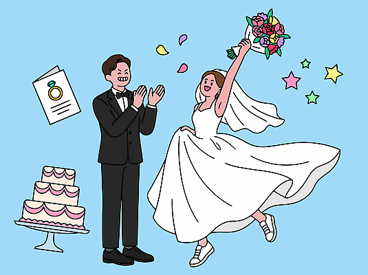 드레스 여자 남자 행복 꽃다발 부케 웨딩드레스 신랑 결혼 일러스트 신혼부부 결혼식 사랑 미소 턱시도 케이크 기쁨 축하 박수 웨딩케이크 청첩장 신혼 국내일러스트 AI파일 부부 옷 꽃 감정 컨셉 디저트 카드_감사 표정 사람 정장 손짓 이벤트 파일형식 벡터 식물 커플 음식 모션 관계