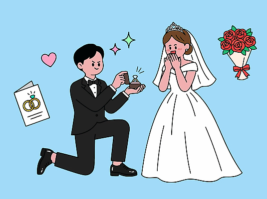 여자 남자 행복 부케 웨딩드레스 결혼 프로포즈 일러스트 결혼식 사랑 턱시도 놀람 기쁨 축하 반지 무릎꿇기 결혼반지 제안 국내일러스트 AI파일 드레스 감정 꽃다발 컨셉 장신구 모션 표정 사람 정장 이벤트 파일형식 벡터 옷 꽃 식물