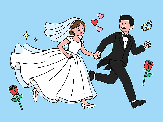드레스 여자 남자 꽃 행복 웨딩드레스 신랑 결혼 일러스트 결혼식 사랑 턱시도 달리기 장미 손잡기 기쁨 하트 축하 결혼반지 국내일러스트 AI파일 모양 식물 옷 감정 컨셉 모션 사람 정장 이벤트 반지 파일형식 벡터 장신구