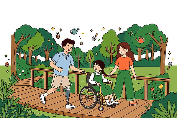나무 공원 여자 남자 행복 어린이 일러스트 가족 친구 걷기 산책 장애인 즐거움 휠체어 국내일러스트 AI파일 식물 공공시설 감정 관계 모션 휴식 사람 장애 파일형식 벡터 컨셉 시설