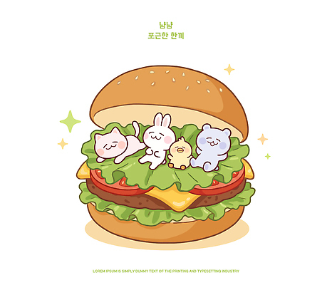동물 캐릭터 음식 채소 일러스트 곰 치즈 병아리 육류 미소 귀여움 고양이 햄버거 토끼 맛 즐거움 국내일러스트 AI파일 감정 컨셉 식재료 포유류 조류 유제품 패스트푸드 표정 반려동물 파일형식 벡터 인스턴트