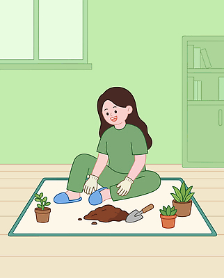 식물 손 여자 화분 장갑 일러스트 집안 바닥 실내 취미 흙 원예 원예식물 심기 국내일러스트 AI파일 잡화 모션 사람 내부 신체부위 파일형식 벡터