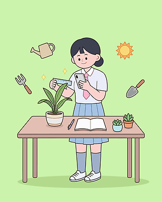 식물 학생 여자 화분 일러스트 취미 책 핸드폰 태양 환경 도구 원예 원예식물 국내일러스트 AI파일 자연요소 사람 전자제품 파일형식 벡터