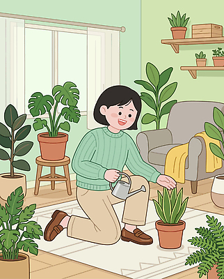 식물 여자 일러스트 선반 실내 인테리어 소파 방 물주기 원예 원예식물 국내일러스트 AI파일 디자인 가구 의자 모션 사람 취미 내부 파일형식 벡터 생활용품 오브젝트