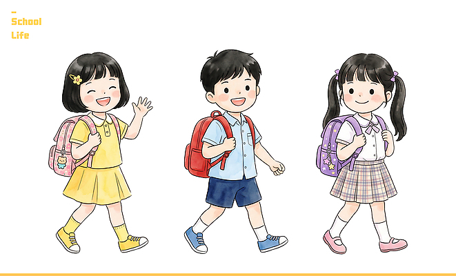 PSD 학생 옷 행복 어린이 가방 일러스트 반바지 학교 초등학교 웃음 친구 걷기 등교 국내일러스트 잡화 교육 감정 바지 관계 모션 표정 사람 등하교 파일형식 하의