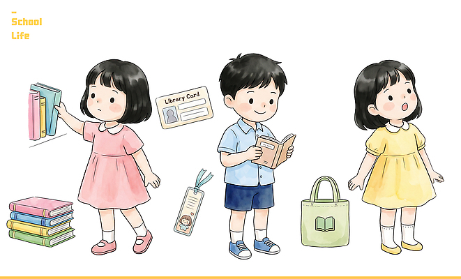 PSD 학생 교육 어린이 가방 일러스트 학교 책 친구 학습 도서관 읽기 도서대출 국내일러스트 잡화 관계 모션 사람 대여 파일형식