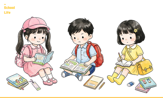 PSD 어린이 가방 일러스트 학교 앉기 책 친구 학습 스쿨라이프 공책 집중 읽기 방법 국내일러스트 라이프스타일 잡화 교육 컨셉 관계 모션 문구용품 사람 파일형식 생활 오브젝트