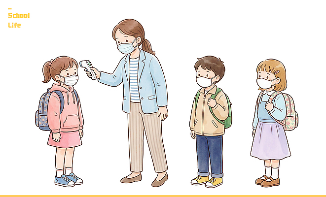 PSD 학생 교육 어린이 일러스트 교실 학교 수업 건강 마스크 안전 일상 친구 학습 교사 체크 방역 체온측정 국내일러스트 직업 관계 사람 라이프 측정 파일형식 생활