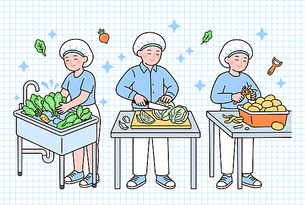 음식 채소 일러스트 재료 감자 요리 사람 식사 당근 껍질 세척 자르기 준비 양배추 영양 손질 급식 급식소 국내일러스트 AI파일 모션 뿌리채소 파일형식 벡터