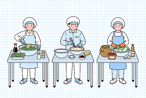 음식 채소 일러스트 재료 밥 건강 요리 요리사 식사 샐러드 신선 혼합 준비 조리대 손질 과정 급식 급식소 국내일러스트 AI파일 직업 컨셉 파일형식 벡터