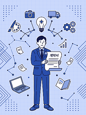 남자 일러스트 비즈니스 그래프 협력 조명 기술 파란색 컴퓨터 자료 정보 분석 톱니바퀴 계약서 그림도구 프로젝트 N잡러 국내일러스트 AI파일 컬러 컨셉 사람 전자제품 미술도구 파일형식 벡터 오브젝트