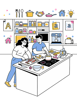 음식 일러스트 재료 주방용품 양파 함께함 요리 사람 주방 가전제품 칼 준비 룸메이트 쉐어하우스 국내일러스트 AI파일 생활용품 컨셉 채소 주택 파일형식 벡터 공유경제 건물 경제 오브젝트 건축물 건축