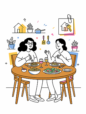 식물 음식 일러스트 식탁 파스타 대화 친구 와인 식사 샐러드 만남 도구 저녁 소통 룸메이트 쉐어하우스 국내일러스트 AI파일 컨셉 관계 탁자 주택 주류 서양음식 말하기 밤 야간 파일형식 벡터 공유경제 자연요소 음료 가구 모션 건물 경제 건축물 생활용품 건축 오브젝트
