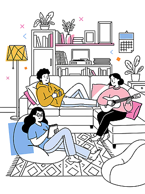 음악 일러스트 이야기 여러명 친구 소파 공책 모임 기타 편안함 즐거움 소통 룸메이트 쉐어하우스 국내일러스트 AI파일 감정 다수 컨셉 의자 관계 현악기 문화예술 문구용품 주택 사람 감각 파일형식 벡터 공유경제 악기 가구 건물 경제 오브젝트 건축물 생활용품 건축
