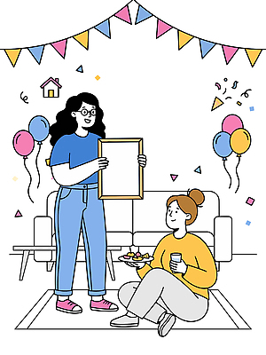 여자 행복 음료 액자 일러스트 디저트 웃음 장식 친구 파티 모임 축하 생일 준비 풍선 색종이 룸메이트 쉐어하우스 국내일러스트 AI파일 기념일 감정 종이 음식 컨셉 관계 주택 표정 사람 이벤트 파일형식 벡터 공유경제 건물 경제 건축물 건축