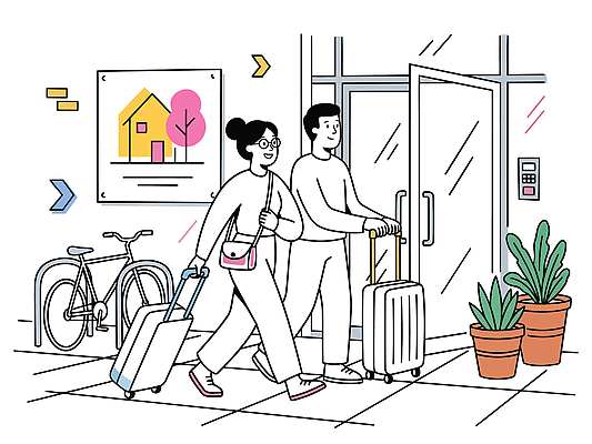 부부 화분 여행 일러스트 함께함 건물 생활 친구 걷기 자전거 짐 준비 출발 공유 룸메이트 쉐어하우스 국내일러스트 AI파일 건축물 커플 컨셉 관계 모션 주택 바이크 파일형식 벡터 공유경제 건축 육상교통 경제 교통수단 교통