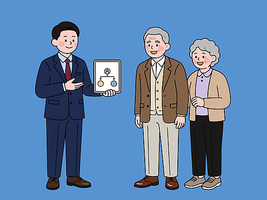 노년 남자 일러스트 가족 설계 대화 파란색 태블릿 정보 상담 이해 상속 국내일러스트 AI파일 컬러 컨셉 관계 말하기 사람 성인 전자제품 스마트기기 파일형식 벡터 모션
