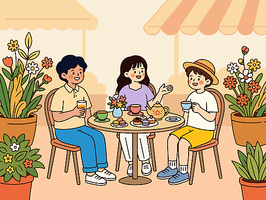 꽃 화분 음료 일러스트 티타임 디저트 대화 여름 친구 식사 우정 카페 모임 즐거움 국내일러스트 AI파일 식물 계절 감정 음식 관계 휴식 말하기 상점 파일형식 벡터 컨셉 모션