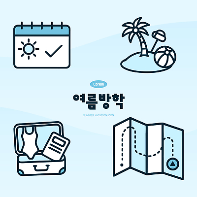 잡화 옷 계절 방학 휴가 여름 파란색 파일형식 벡터 달력 여행 수영복 가방 지도 공 AI파일 하늘색 여름방학 일러스트 국내일러스트