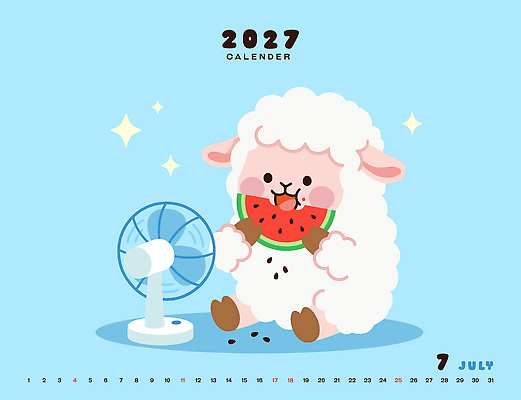 캐릭터 일러스트 수박 여름 파란색 귀여움 달력 양 선풍기 차가움 먹기 양캐릭터 7월 2027년 국내일러스트 AI파일 정미년 계절 컬러 동물캐릭터 컨셉 과일 포유류 모션 가전제품 날짜 연도 파일형식 벡터 동물
