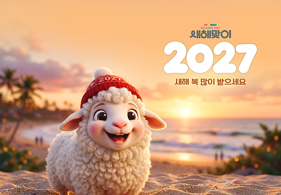 PSD 동물 편집이미지 캐릭터 모자 바다 백그라운드 새해 웃음 해변 장식 일몰 축하 양 2027년 이미지편집 잡화 컨셉 포유류 표정 노을 연도 파일형식 자연요소