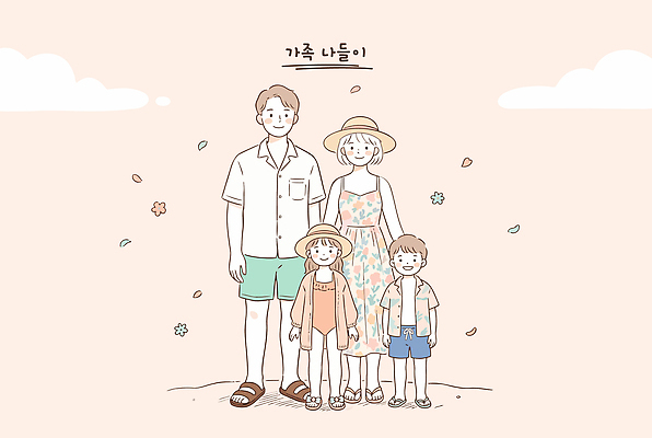 모자 꽃잎 행복 어린이 일러스트 가족 함께함 야외 여름 부모 자녀 즐거움 국내일러스트 AI파일 잡화 계절 꽃 감정 컨셉 관계 사람 파일형식 벡터 식물