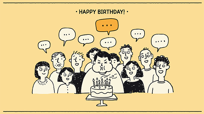 기념일 일러스트 촛불 대화 웃음 사람 파티 케이크 모임 축하 생일 즐거움 국내일러스트 AI파일 감정 컨셉 초 디저트 표정 말하기 이벤트 파일형식 벡터 음식 모션