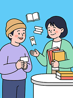 여자 남자 일러스트 이야기 대화 이벤트 책 독서 자료 교양 정보 도서관 방문 교류 국내일러스트 AI파일 교육 말하기 사람 파일형식 벡터 모션
