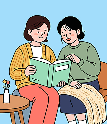 행복 일러스트 함께함 따뜻함 이야기 대화 웃음 앉기 취미 책 친구 독서 방 읽기 즐거움 관심 국내일러스트 AI파일 감정 컨셉 관계 모션 표정 말하기 파일형식 벡터