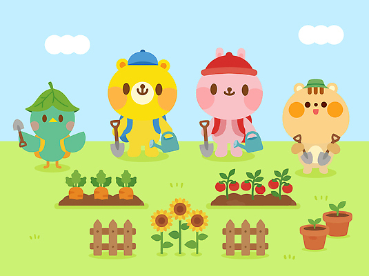 식물 동물 꽃 채소 일러스트 곰 자연 조류 함께함 정원 흙 도구 토끼 신선 너구리 채소밭 가꾸기 일러캐릭터 AI파일 캐릭터 컨셉 밭 포유류 반려동물 생태계 파일형식 벡터 농업 산업