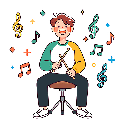 남자 악기 음악 연주 일러스트 노래 웃음 취미 즐거움 드럼 리듬 창의성 스타일 국내일러스트 AI파일 감정 문화예술 타악기 표정 사람 파일형식 벡터