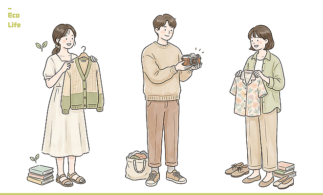PSD 옷 일러스트 협력 웃음 라이프 카메라 재활용 즐거움 에코 에코라이프 나누기 스타일 국내일러스트 라이프스타일 감정 표정 생활 전자제품 환경 친환경 파일형식