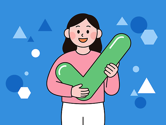 도형 디자인 여자 행복 백그라운드 일러스트 성공 웃음 파란색 믿음 기쁨 체크 확인 긍정 국내일러스트 AI파일 감정 컬러 컨셉 표정 사람 파일형식 벡터