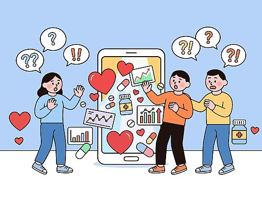 여자 남자 일러스트 통계 그래프 건강 관리 사람 스마트폰 약 스크린 자료 정보 어플리케이션 질문 호기심 비타민 의문 소통 국내일러스트 AI파일 감정 컨셉 의학 핸드폰 스마트기기 영양소 파일형식 벡터 전자제품