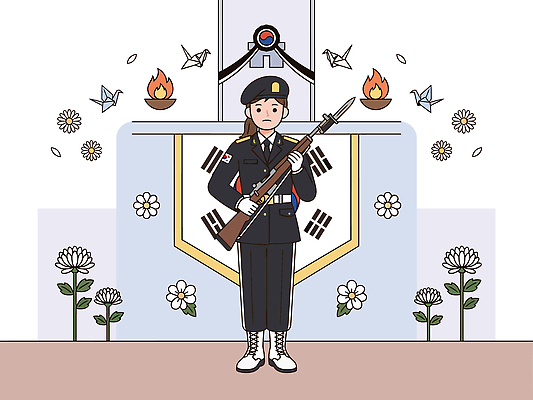 꽃 상징 유니폼 일러스트 이벤트 총 역사 국기 기념비 대표 경례 색종이 기념물 여군 추모 추모비 호국보훈의달 국내일러스트 AI파일 식물 옷 종이 무기 군인 인사 6월 비석 파일형식 벡터 직업 예절 날짜 국군