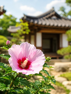 JPG 나무 편집이미지 꽃잎 꽃 분홍색 한옥 한국 풍경 햇빛 무궁화 편집실사 AI포토 AI콘텐츠 식물 한국전통 아시아 컬러 고건축 빛 CG 파일형식 전통 건축물 나라 건축