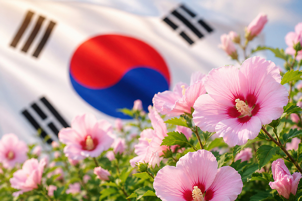 JPG 편집이미지 꽃 분홍색 잎 하늘 한국 풍경 햇빛 국기 무궁화 편집실사 AI포토 AI콘텐츠 식물 아시아 컬러 빛 CG 파일형식 나라