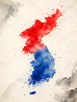 JPG 디자인 상징 백그라운드 일러스트 수채화 한국 빨간색 파란색 역사 태극기 그림 태극 북쪽 한반도 남쪽 형상화 국내일러스트 AI일러스트 AI콘텐츠 문양 아시아 컬러 국기 방향 파일형식 나라