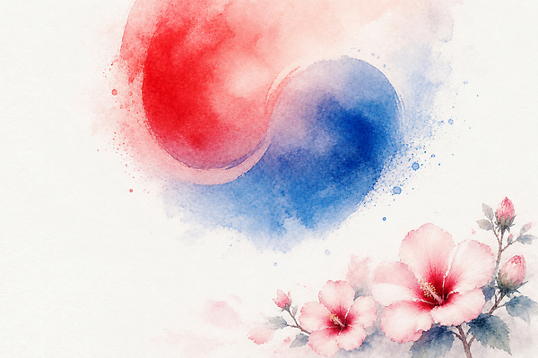 JPG 전통 디자인 꽃 일러스트 수채화 한국 미술 빨간색 파란색 태극기 심볼 그림 태극 무궁화 AI일러스트 AI콘텐츠 식물 문양 아시아 컬러 문화예술 국기 파일형식 나라