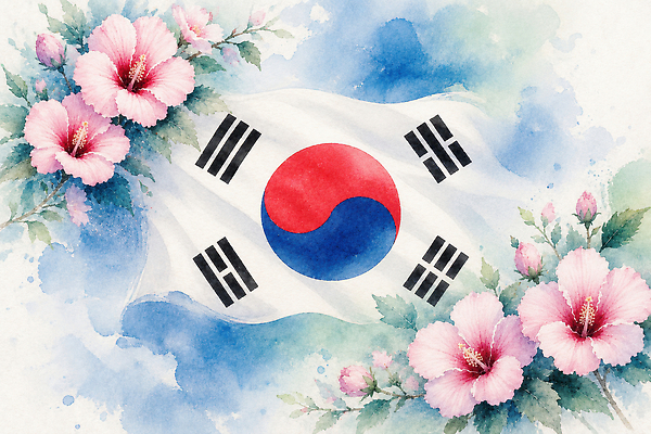 JPG 전통 디자인 꽃 상징 분홍색 백그라운드 일러스트 수채화 한국 국기 태극기 그림 태극 무궁화 AI일러스트 AI콘텐츠 식물 문양 아시아 컬러 파일형식 나라